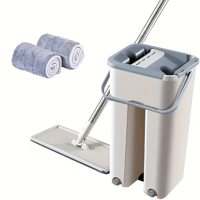 1 Set Flat Floor Mop Bucket Set Con 2 Panni In Microfibra, Facile Pulizia Con Secchio Auto-Strizzante Bagnato E Asciutto, Per La Pulizia Di Pavimenti In Laminato, Legno Duro E Piastrelle