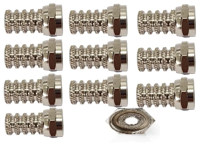 10 pcs Connettore F | dritto, connettore nichelato | 75 Ohm | Twist-on | Diametro ingresso cavo: 5 mm | corpo in ottone | sacchetto di plastica