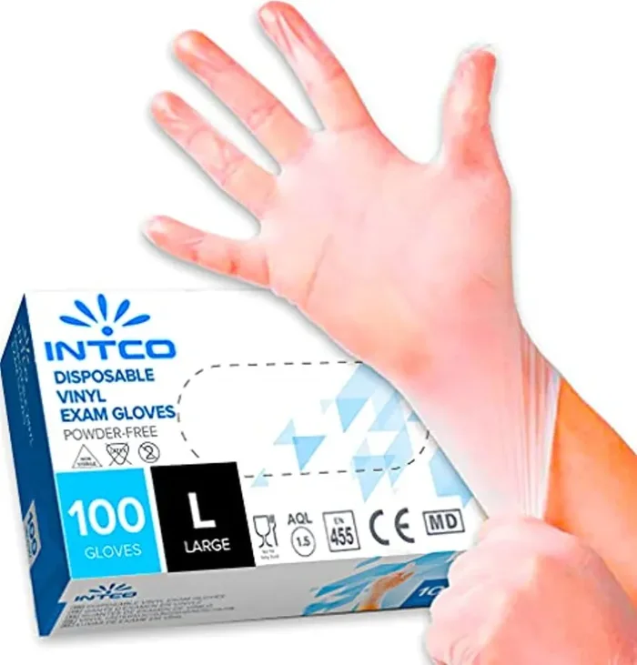 100 guanti in vinile L senza polvere, senza lattice, ipoallergenici, certificati CE trasparenti conforme alla norma EN455 e EN374 per i test dei guanti medici monouso (Taglia L)
