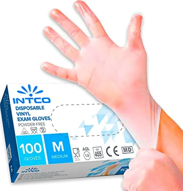 100 guanti in vinile M senza polvere, senza lattice, ipoallergenici, certificati CE trasparenti conforme alla norma EN455 e EN374 per i test dei guanti medici monouso (M)
