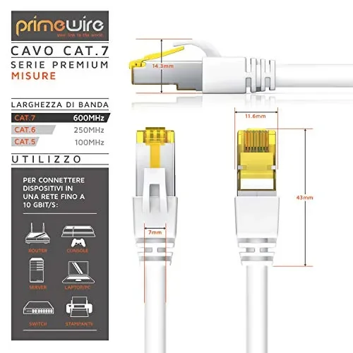 10m Cavo di Rete Cat 7 LAN Ethernet Gigabit 10000 Mbit s – 10,0m bianco - immagine 2