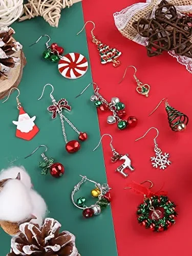 12 paia Orecchini Natalizi Pendenti Donna, Kalolary Albero Natale Fiocco Babbo Natale Renna Fiocco Neve Placcato in Lega Orecchini Natalizi a Tema Natalizio Orecchini Pendenti per Donne e Ragazze - immagine 3
