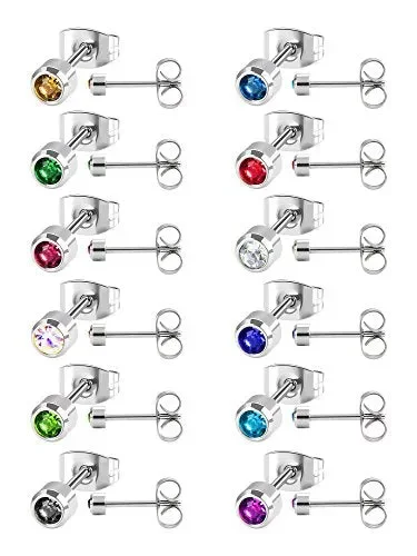12 Paia Orecchino a Bottone in Acciaio Inossidabile Zirconia Piercing ad…