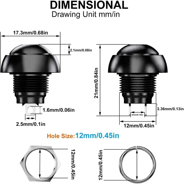 12pcs 12mm Impermeabile Pulsante Momentaneo SPST ON/OFF 3A/250VAC, Lockless Mini Rotondo Bottone per Tromba Auto, PC, Lampada da Tavolo, Campanello di Casa - immagine 2