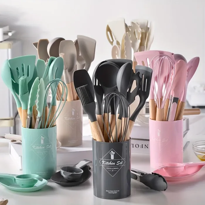 14 Pezzi/set, Set Di Utensili In Silicone, Set Di Utensili Da Cucina Bianchi, Utensili Da Cucina Di Sicurezza Con Secchio Portaoggetti, Utensili Da Cucina Antiaderenti Con Manico In Legno