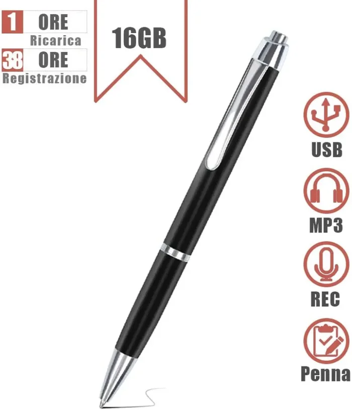 16 GB Penna Registratore Vocale Portatile con 192 ORE di Registrazione, Attivazione Vocale di Registratore Vocale Spia per Meetings, Lezioni, Conferenze, Interviste, USB, MP3