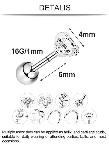 16G Acciaio Inossidabile Orecchini Trago di Cartilagine Stud Colore Set 4 In saldo - immagine 2