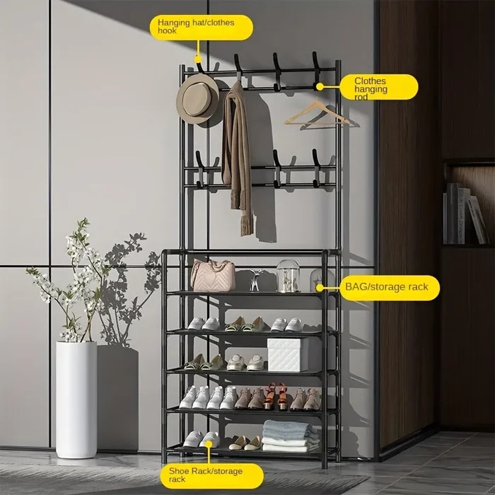 1pc Appendiabiti, Appendiabiti Autoportante Con Panca Portaoggetti Per Scarpe, Appendiabiti Per Assemblaggio Multistrato, Porta D’ingresso Del Soggiorno Lato Vestiti Per Il Bagno Cappello Scarpe Appendiabiti - immagine 2