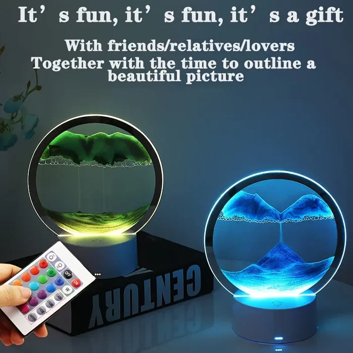 1pc Immagine d’arte in movimento di sabbia, decorazione di clessidra rotante a 360°, paesaggio marino 3D in movimento in vetro rotondo che scorre sabbia per la decorazione di casa e ufficio