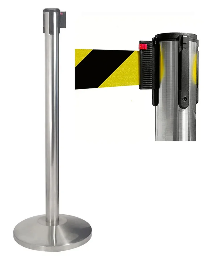 2 Colonnine Tendinastro 3 metri in Acciaio Inox Spazzolato Ø36×101 cm Nastro Giallo/Nero - immagine 2