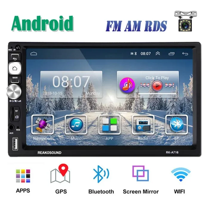 2 Din Android Autoradio GPS FM AM RDS Radio CAMECHO 17.8 x 10 x 4.8 cm, nero