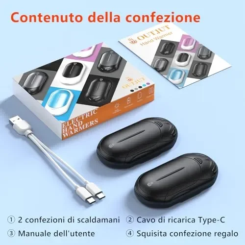 2 Pezzi Scaldamani Elettrico 6000 mAh,OUTJUT Scaldamani Ricaricabile Portatile con 3 Livelli di Riscaldamento Fino a 55 ℃ Scaldamani USB a Ricarica Rapida per Caccia, Golf, Campeggio, Tenere al caldo - immagine 2