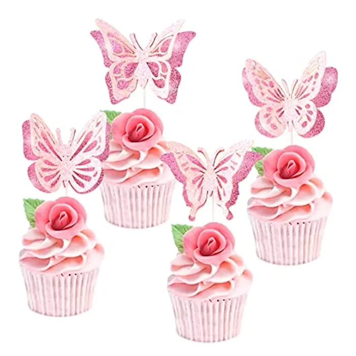 24pcs Farfalla Party Happy Birthday 3D Glitter Cupcake Topper, Farfalla Tema Festa Decorazione, Matrimonio Baby Shower Bomboniere Forniture