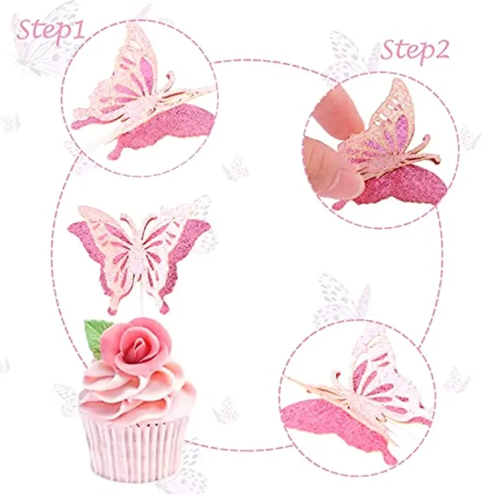 24pcs Farfalla Party Happy Birthday 3D Glitter Cupcake Topper, Farfalla Tema Festa Decorazione, Matrimonio Baby Shower Bomboniere Forniture - immagine 3