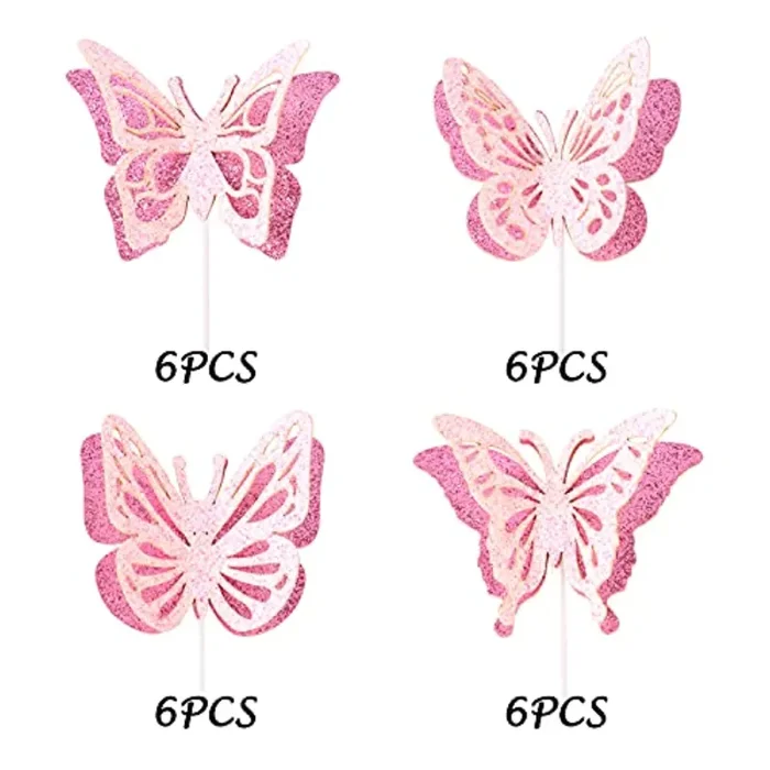 24pcs Farfalla Party Happy Birthday 3D Glitter Cupcake Topper, Farfalla Tema Festa Decorazione, Matrimonio Baby Shower Bomboniere Forniture - immagine 2