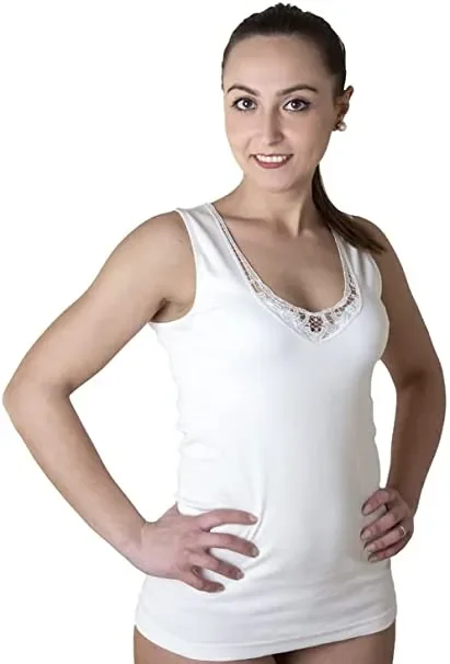 3 Canotte intime donna spalla larga con inserti in pizzo in cotone New Day colore foto misura a scelta