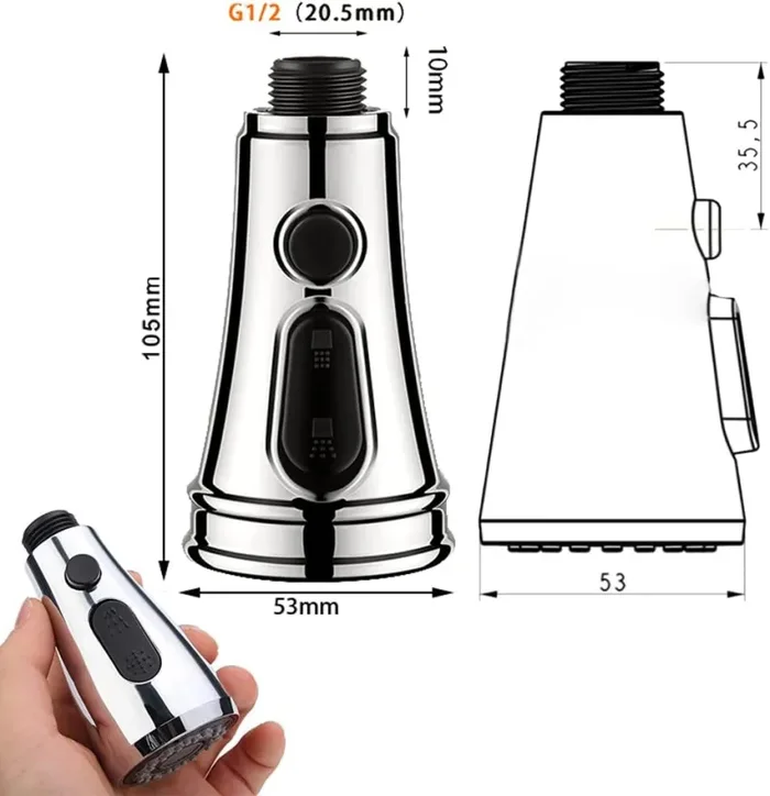 3 Modalità Rubinetto Doccetta Estraibile,G1 / 2 Ricambi Doccetta Cucina,Ricambio Doccetta Lavello Cucina per Lavelli da Bagno - immagine 2