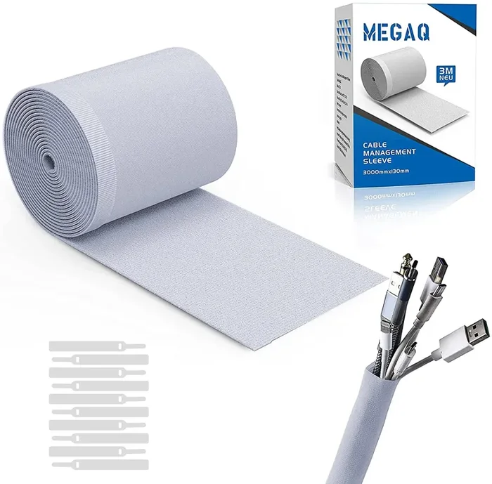 3m Guaina Per Cavi,Neoprene Organizzatore Cavi,Fascette Cavi in Nylon,Filo Tagliabile e Cavo Flessibile Fai-da-te,Guaina Proteggi Cavi per Elettrici TV Computer Office Home Theate (Bianco,300×13,5cm) - immagine 2