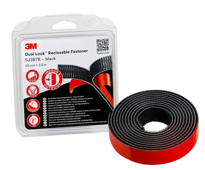 3M Sistema Di Fissaggio Richiudibile Dual Lock Sj387B – Ottima Adesione Su Vernici A Polvere, Metalli, Vetro, Legno, Acrilico, Policarbonato, Abs – 25Mm X 2.5M, 6.1Mm, Nero (1 Pezzo)