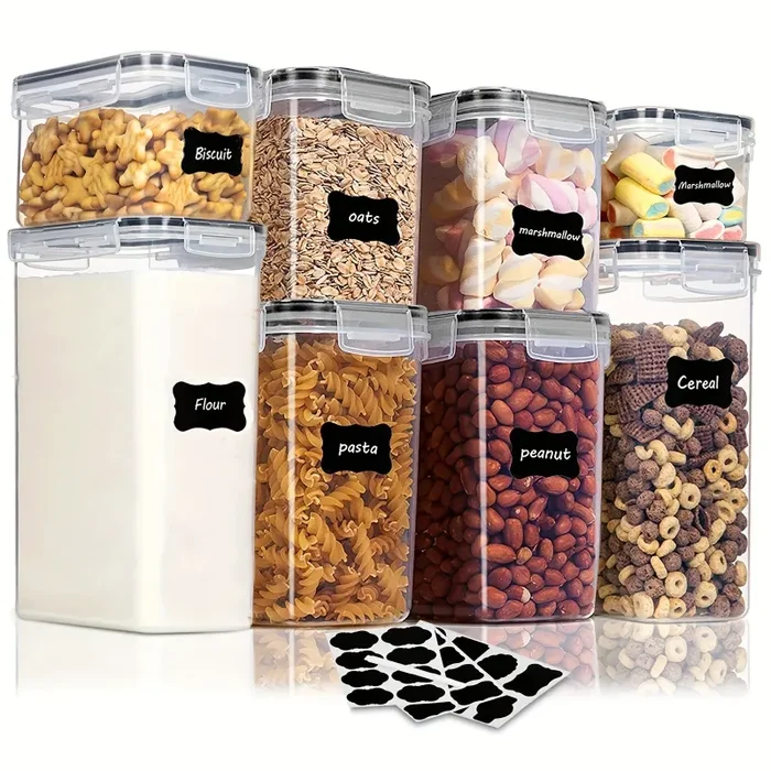 4/8/10 Pezzi Set Di Contenitori Per Alimenti Ermetici Con Coperchi, Contenitori Per La Dispensa E La Cucina In Plastica Privi Di BPA Per Cereali, Farina, Zucchero, Con Etichette