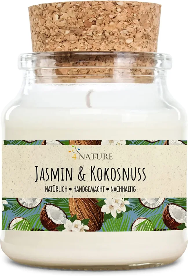 4 Nature – Candela profumata sostenibile, priva di plastica, vegana, fatta a mano – gelsomino e cocco