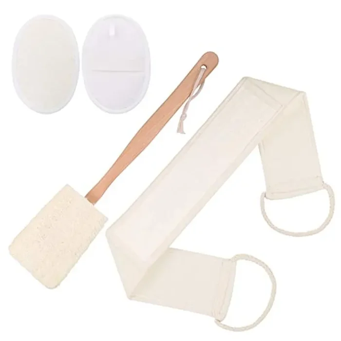 4 Tipi Spugna di Luffa per Esfoliare il Corpo con 2 Pezzi Luffa Pad,1 Pezzo di Lunga Cintura Esfoliante per La Schiena e 1 Pezzo Esfoliante per La Schiena con Manico Lungo in Legno