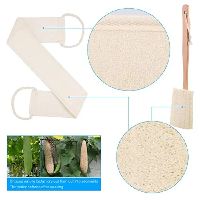 4 Tipi Spugna di Luffa per Esfoliare il Corpo con 2 Pezzi Luffa Pad,1 Pezzo di Lunga Cintura Esfoliante per La Schiena e 1 Pezzo Esfoliante per La Schiena con Manico Lungo in Legno - immagine 3