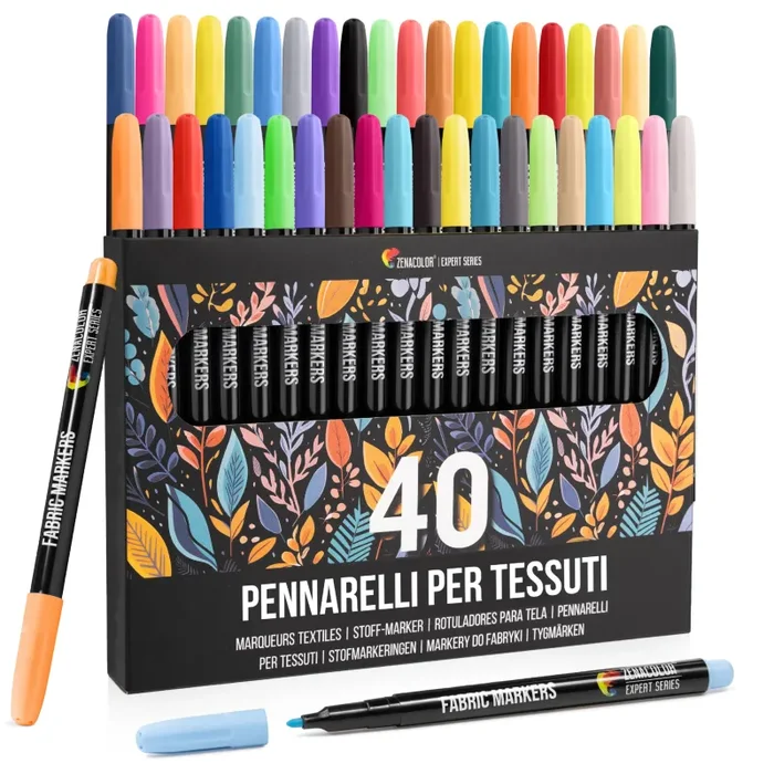 40 Pennarelli per Tessuti e Stoffa – Colori per Tessuti Atossici, Indelebili e Permanenti a Punta Fine – Ideali per Magliette, Borse in Stoffa e altri Tessuti – Per Bambini e Adulti