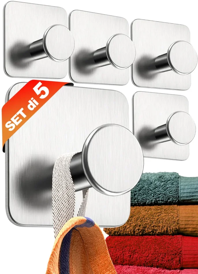 4smile ganci adesivi acciaio inox – SET 5 appendi porta asciugamani inox bagno antiruggine ganci adesivi – accappatoio bagno di alta