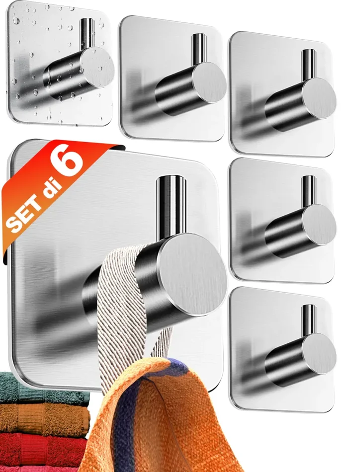 4smile ganci adesivi acciaio inox – SET 6 appendi porta asciugamani inox bagno antiruggine ganci adesivi – accappatoio bagno di alta