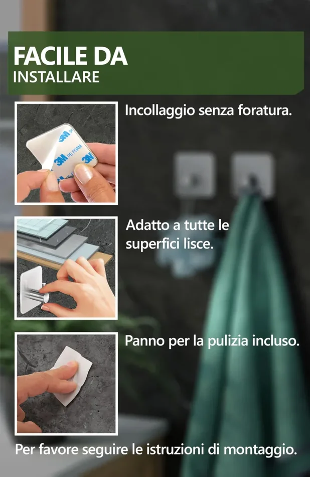 4smile ganci adesivi acciaio inox – SET 6 appendi porta asciugamani inox bagno antiruggine ganci adesivi – accappatoio bagno di alta - immagine 2