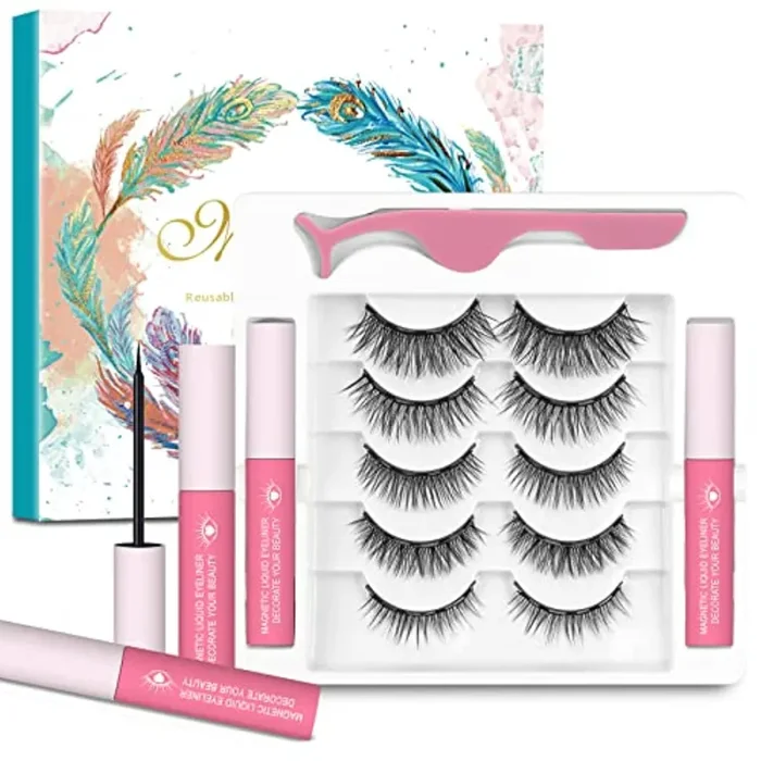 5 Paia di Ciglia Magnetiche con Eyeliner,Ciglia Magnetiche,Incluse 1 Pinza e 2 Magnetico Eyeliner,Senza Colla e Riutilizzabili,Ciglia Finte Magnetiche 3D Naturali,Impermeabili e Resistenti Macchie