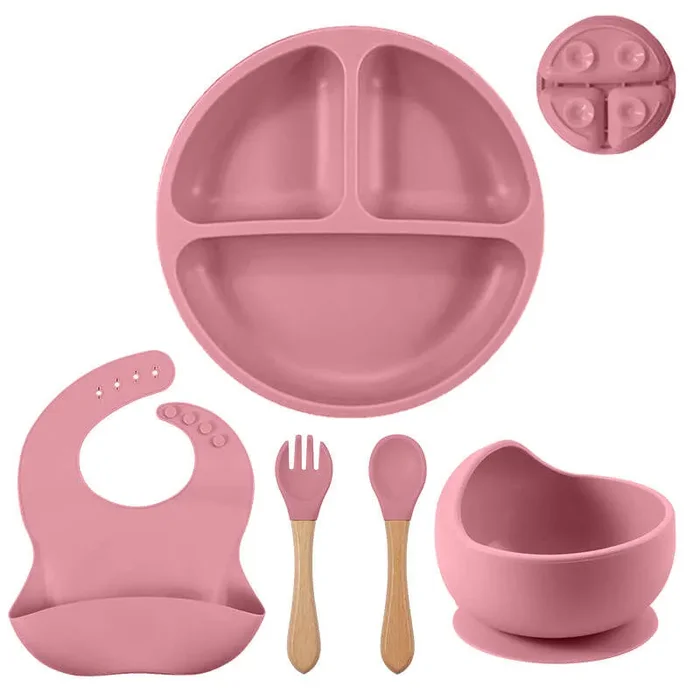 5pcs/set Ciotola In Silicone Per Bambini Con Ventosa, Set Di Forchette E Cucchiai In Legno, Set Di Bavaglini Impermeabili, Set Di Stoviglie Per L’addestramento Dei Bambini A Mangiare E Alimentarsi Al Tavolo