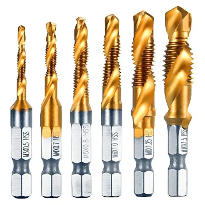 6 Pezzi Punte Trapano, Maschi Countersink Tap Drill Bit HSS Imposta Combinazione Attacco Filettare e Svasare l’imboccatura Innesto Esagonale Standard Titanio Tap Trapano, Affilato, M3/4/5/6/8/10