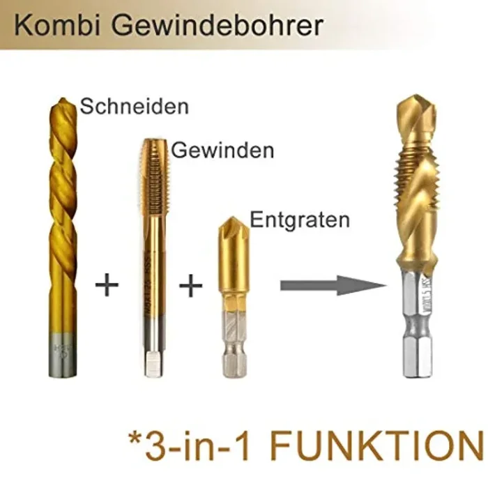 6 Pezzi Punte Trapano, Maschi Countersink Tap Drill Bit HSS Imposta Combinazione Attacco Filettare e Svasare l’imboccatura Innesto Esagonale Standard Titanio Tap Trapano, Affilato, M3/4/5/6/8/10 - immagine 3