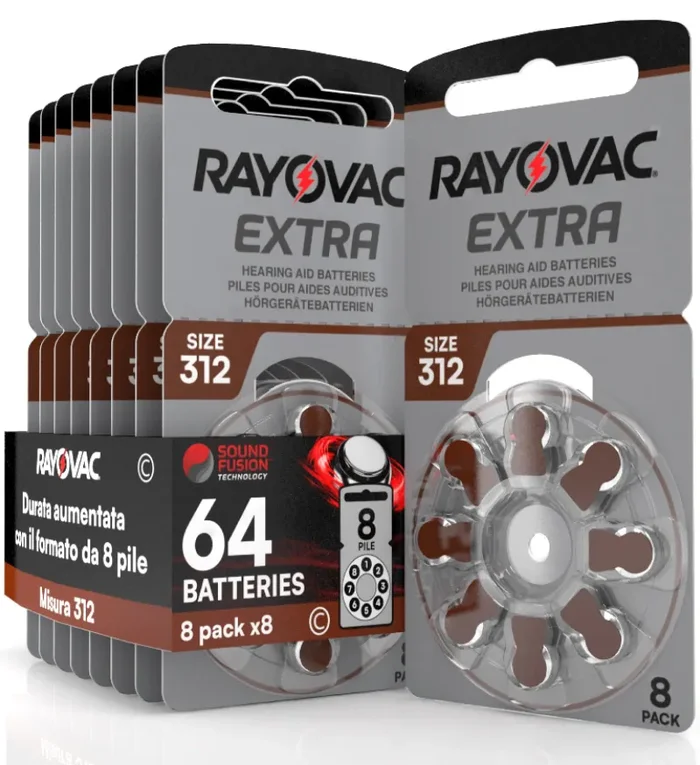 64 Batterie per Apparecchi Acustici Rayovac Extra Misura 312-8 Blister da 8 Pile
