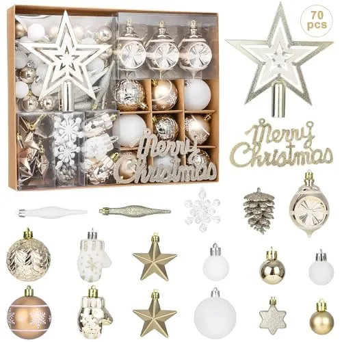 70 Pezzi Addobbi Natalizi Infrangibili Albero Natale con Gancio,Palline di Natale champagne oro Natalizie,In Plastica Infrangibile,Palle Di Natale Grandi E Piccole per Albero di Natale,Feste,Matrimoni