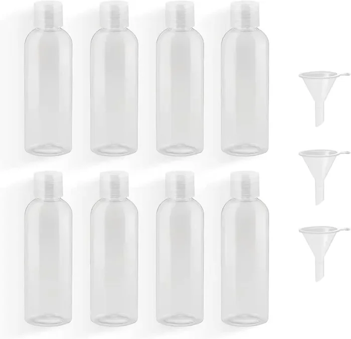 8 Pezzi Bottiglie di Viaggio Plastica 100 ML Bottiglie di Plastica Vuote Bottigliette da Viaggio Aereo con 3 Imbuti Contenitori Trasparenti da Viaggio Vuoti per Shampoo Lozioni Liquide Creme
