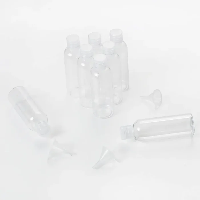 8 Pezzi Bottiglie di Viaggio Plastica 100 ML Bottiglie di Plastica Vuote Bottigliette da Viaggio Aereo con 3 Imbuti Contenitori Trasparenti da Viaggio Vuoti per Shampoo Lozioni Liquide Creme - immagine 2
