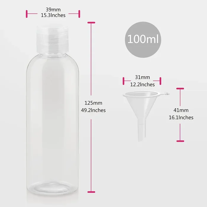 8 Pezzi Bottiglie di Viaggio Plastica 100 ML Bottiglie di Plastica Vuote Bottigliette da Viaggio Aereo con 3 Imbuti Contenitori Trasparenti da Viaggio Vuoti per Shampoo Lozioni Liquide Creme - immagine 3