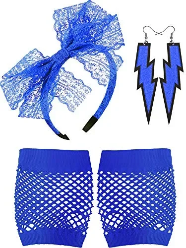 80′ Fascia in Pizzo Orecchini al Neon Guanti a Rete Senza Dita per Blu