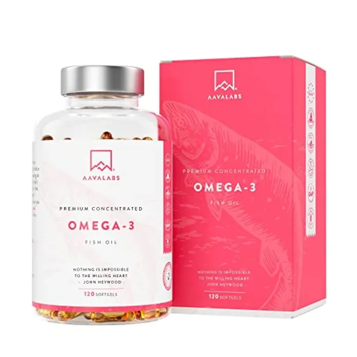 AAVALABS Olio di pesce con Omega 3 2000mg – Elevata Potenza – Fonte di Acidi Grassi – 1000 mg di EPA – 500 mg di DHA per dose giornaliera (2 capsule) – 120 capsule molli