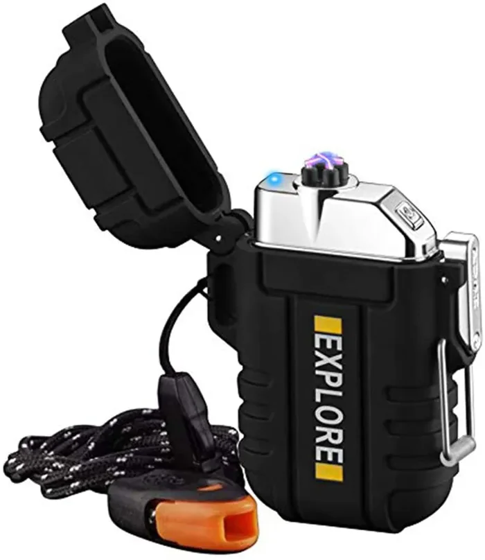 Accendino ad arco, accendino elettronico ricaricabile USB al plasma impermeabile e antivento, con fischio d’emergenza per il campeggio, l’avventura(Nero)