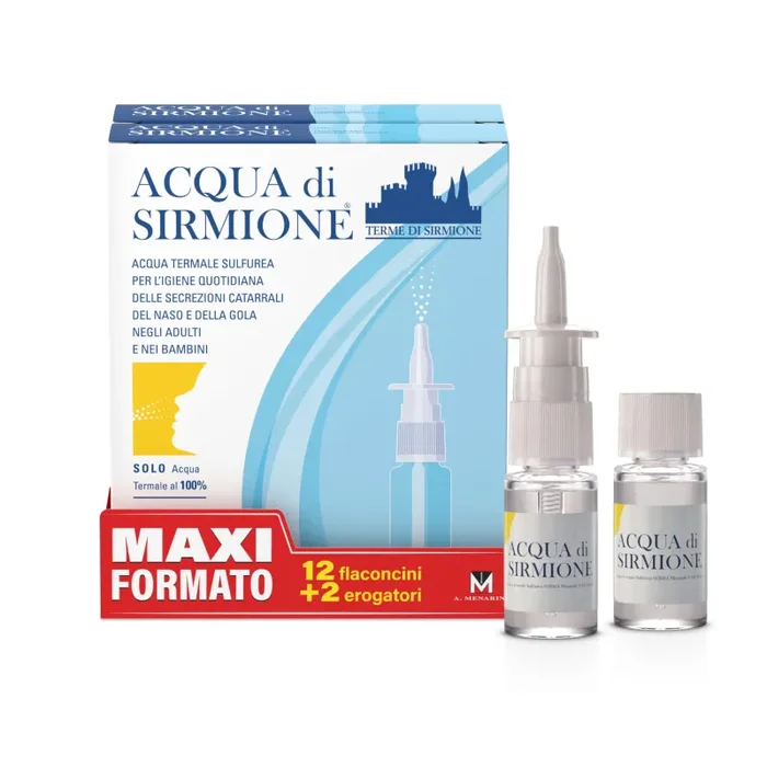 Acqua di Sirmione, Ideale per naso chiuso bipack da 12 Flaconcini da 15 ml. Può Essere Utilizzata Con Spray Nasale o In Aerosolterapia. Prodotto 100% Naturale, Adatto Per Adulti e Bambini
