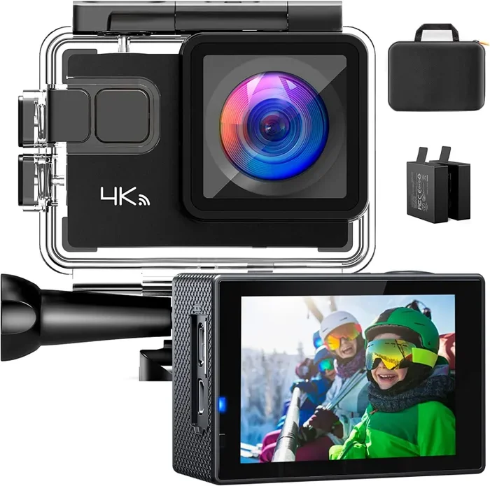 Action Cam 4K/30fps 20MP Giroscopio Anti-vibrazione 40M Subacquea Wi-Fi Fotocamera Videocamera Grandangolare 170° con Batteria 2x1050mAh, Borsa Fotografica e Accessori
