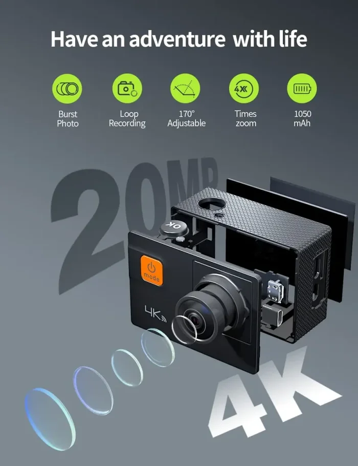 Action Cam 4K/30fps 20MP Giroscopio Anti-vibrazione 40M Subacquea Wi-Fi Fotocamera Videocamera Grandangolare 170° con Batteria 2x1050mAh, Borsa Fotografica e Accessori - immagine 2