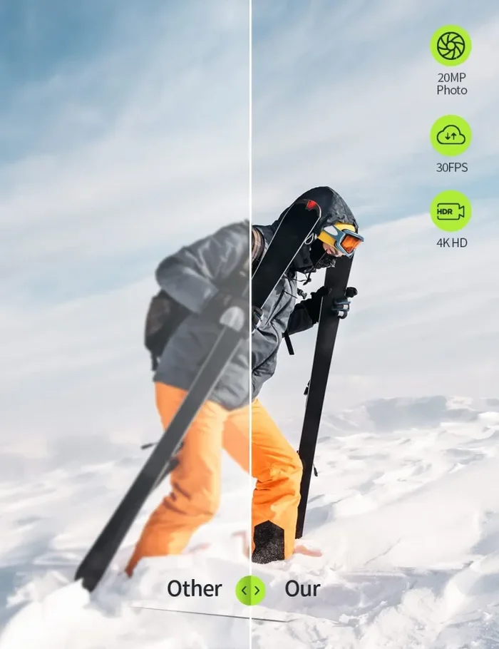 Action Cam 4K/30fps 20MP Giroscopio Anti-vibrazione 40M Subacquea Wi-Fi Fotocamera Videocamera Grandangolare 170° con Batteria 2x1050mAh, Borsa Fotografica e Accessori - immagine 3