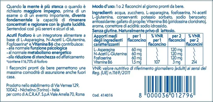 Acutil Fosforo Advance, Integratore Alimentare a Base di L-asparagina, Fosfoserina, N-acetil L-glutamina, e Vitamina B6. 10 Flaconcini Pronti da Bere - immagine 3