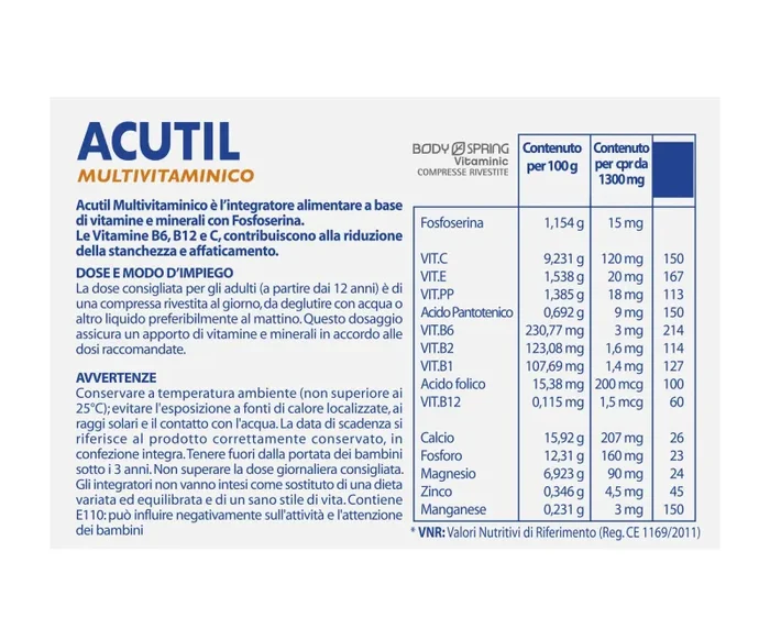 Acutil Multivitaminico, Integratore Alimentare con Minerali, Fosfoserina, Vitamina B12, B6 e Vitamina C, Riduce Stanchezza Mentale e Fisica, 30 Compresse - immagine 2