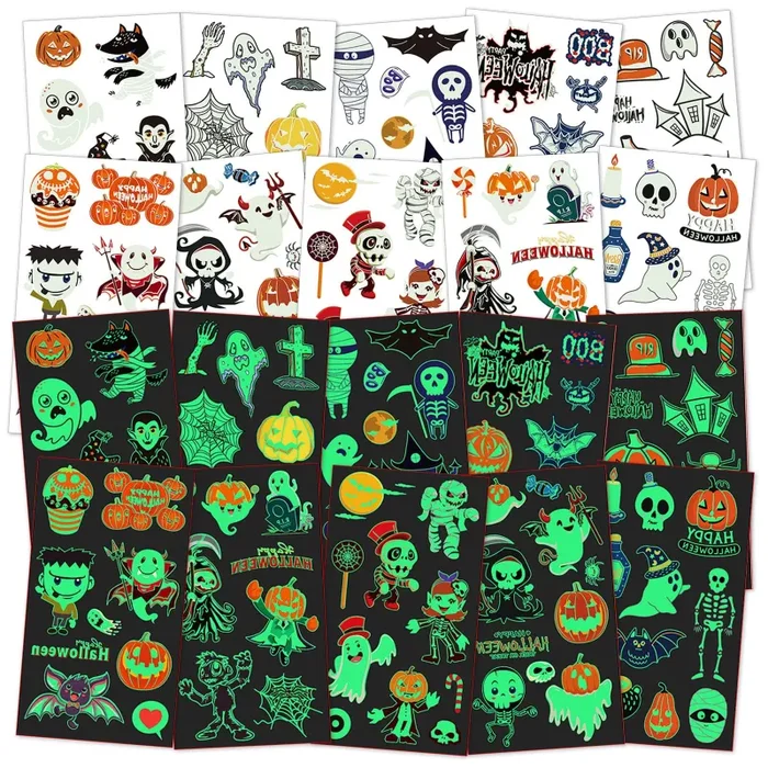 ACWOO Tatuaggi Temporanei per Bambini, 10 Fogli Luminosi Halloween Tatuaggi Set, Halloween Impermeabile Temporaneo Tattoos per Compleanno Regalo Festa di Halloween Cosplay Decorazioni